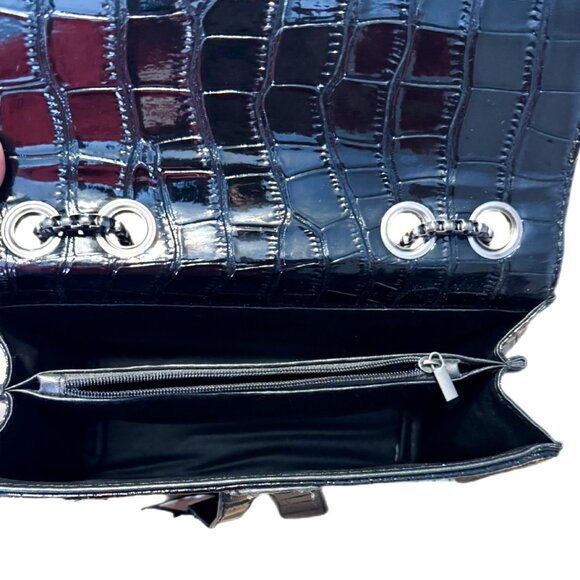 Black Faux Crocodile Crossbody Bag | Embossed Croc Texture Chain Strap Purse - Picture 4 of 5